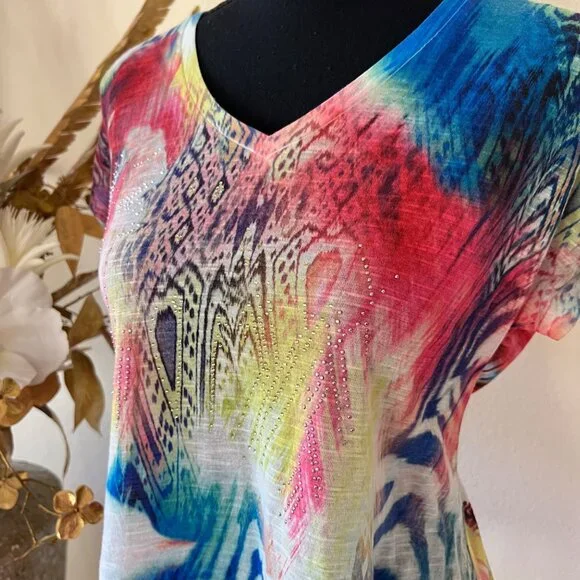 Y2k Floral Vibrant Artsy Asymmetrical Hem Colorful Flowy Tunic Top w Rhinestones - Picture 2 of 9